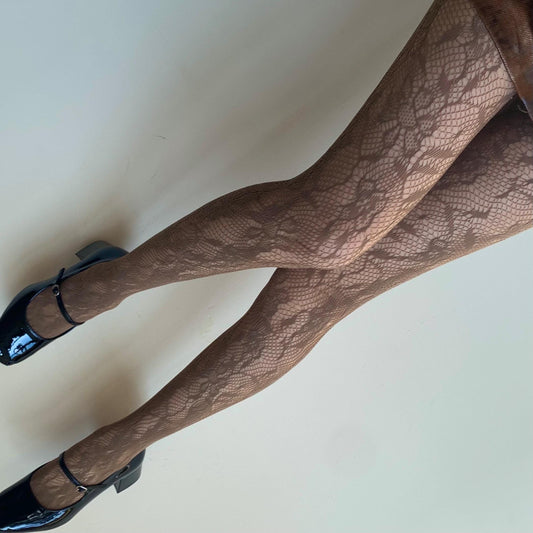 Brown Floral Pattern Fishnet Tights
