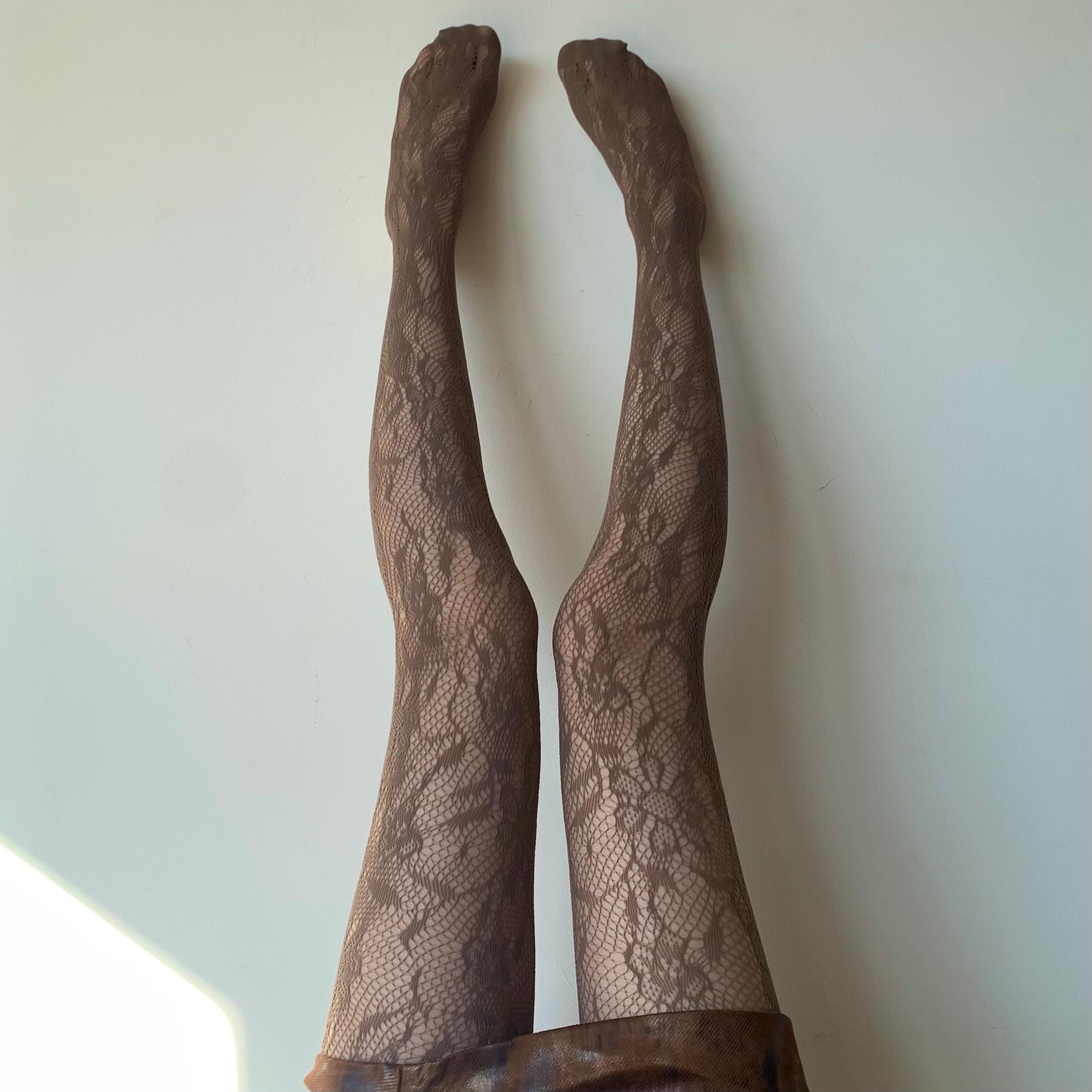 Brown Floral Pattern Fishnet Tights
