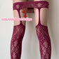 Burgundy Floral Fishnet Stockings with Flower Pattern - Rose Pattern Sexy Suspender Tights with Lace Waistband