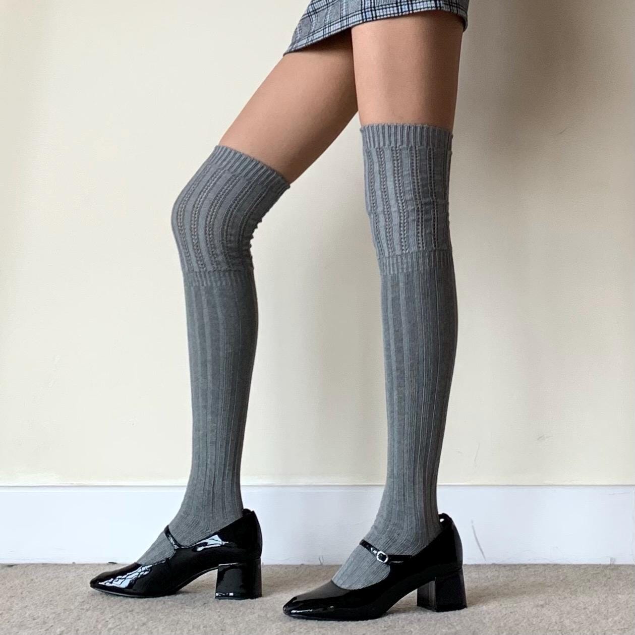 Light Grey Thigh-high Ribbed Cotton Socks