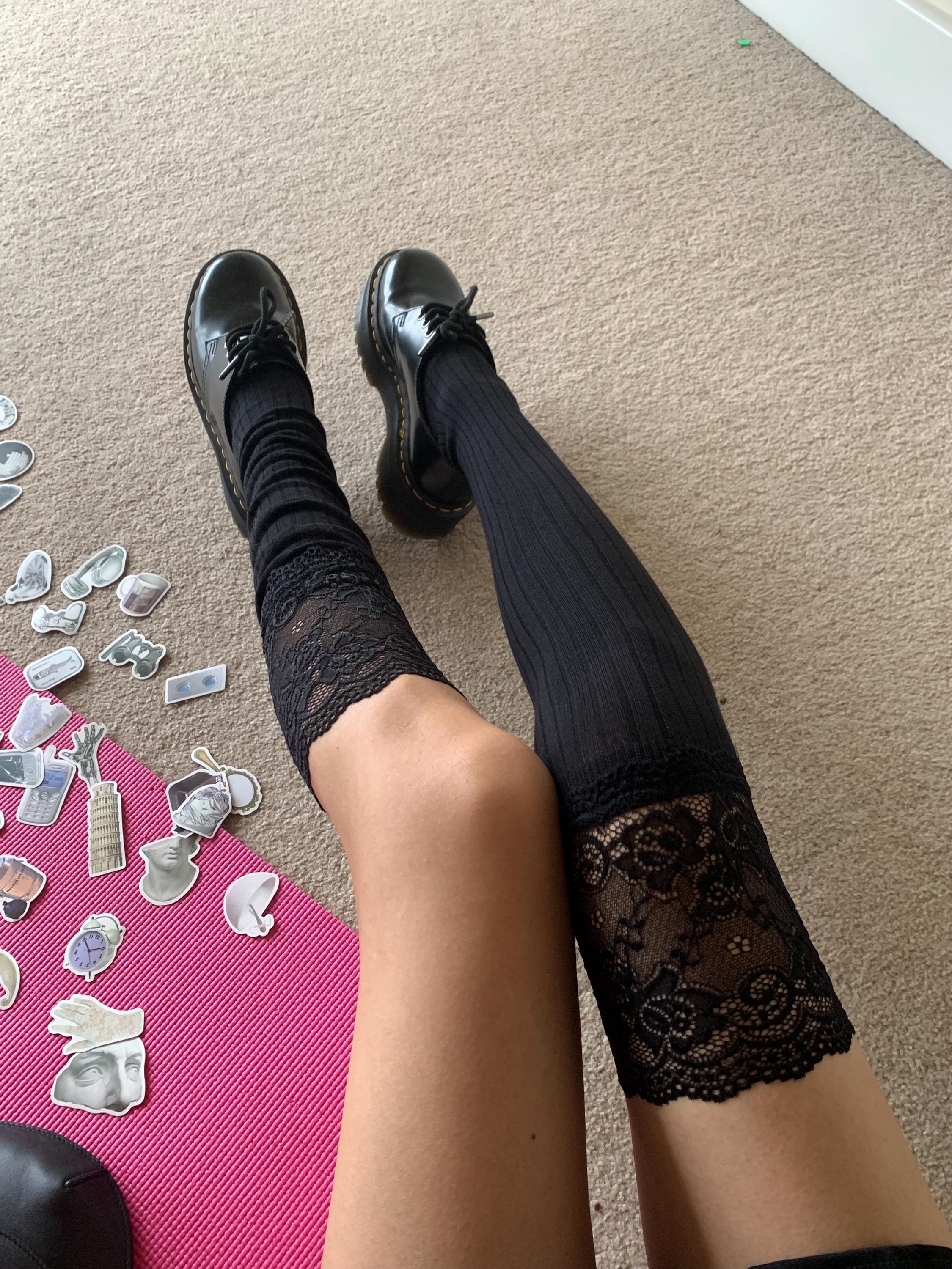 Black Knee-High Cotton Socks with Floral Lace Trim