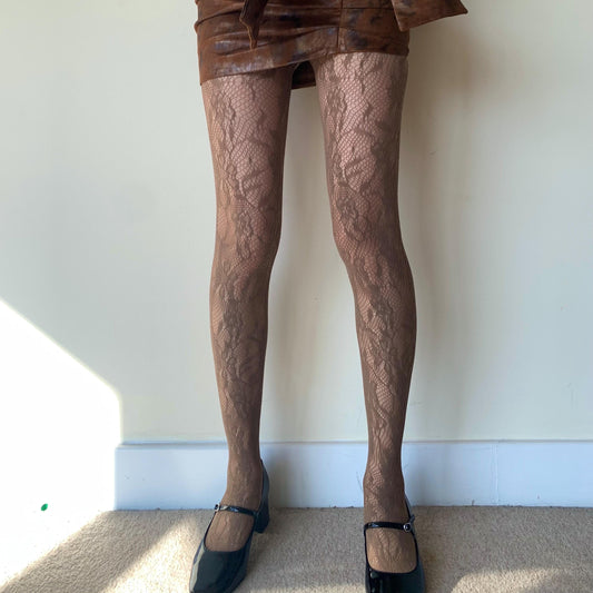 Brown Floral Pattern Fishnet Tights