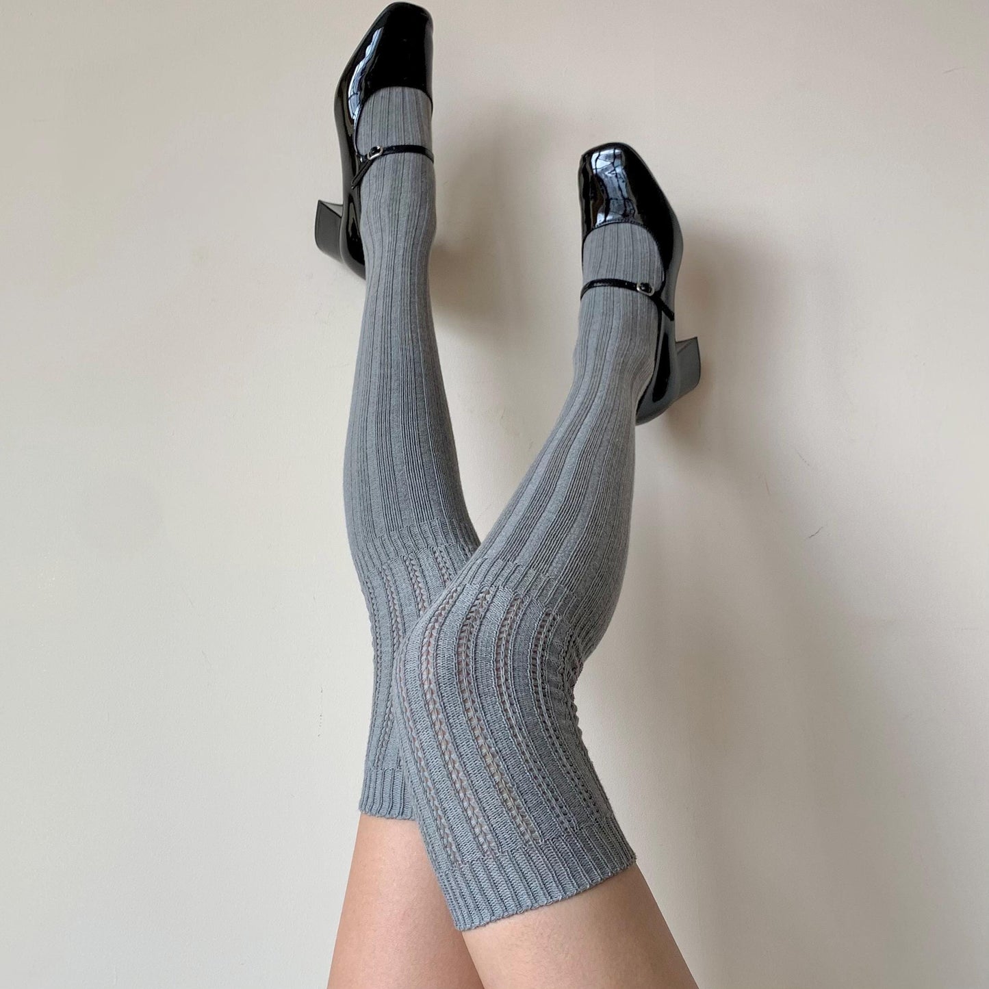 Light Grey Thigh-high Ribbed Cotton Socks