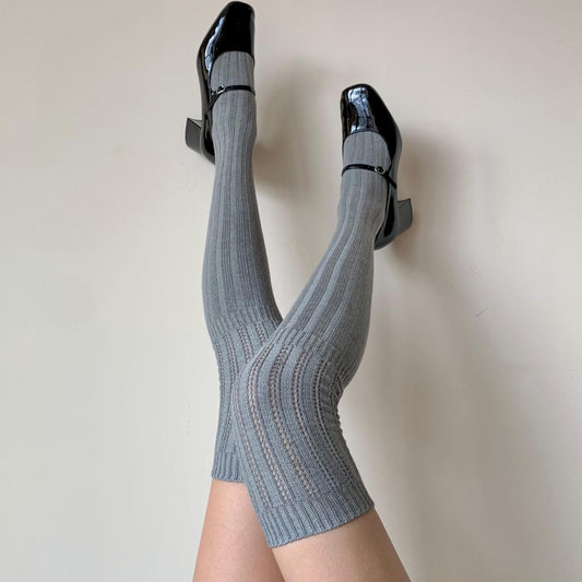 Light Grey Thigh-high Ribbed Cotton Socks