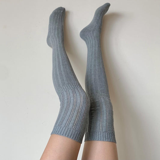 Light Grey Thigh-high Ribbed Cotton Socks