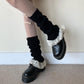 Black Ribbed Cotton Leg Warmers with Cream White Bow Trim - Cute Kawaii Coquette Balletcore Women Leg Warmers - Slouchy