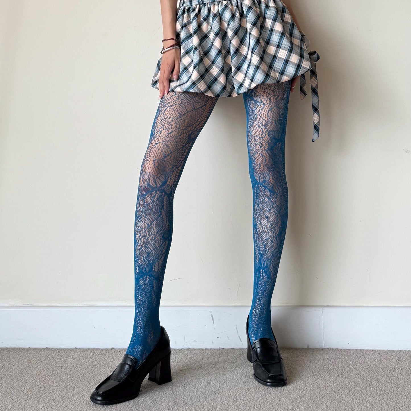 Blue Floral Fishnet Tights - Peacock Blue Hollow Lace Pattern Tights Pantyhose - Colored Patterned Tights for Women