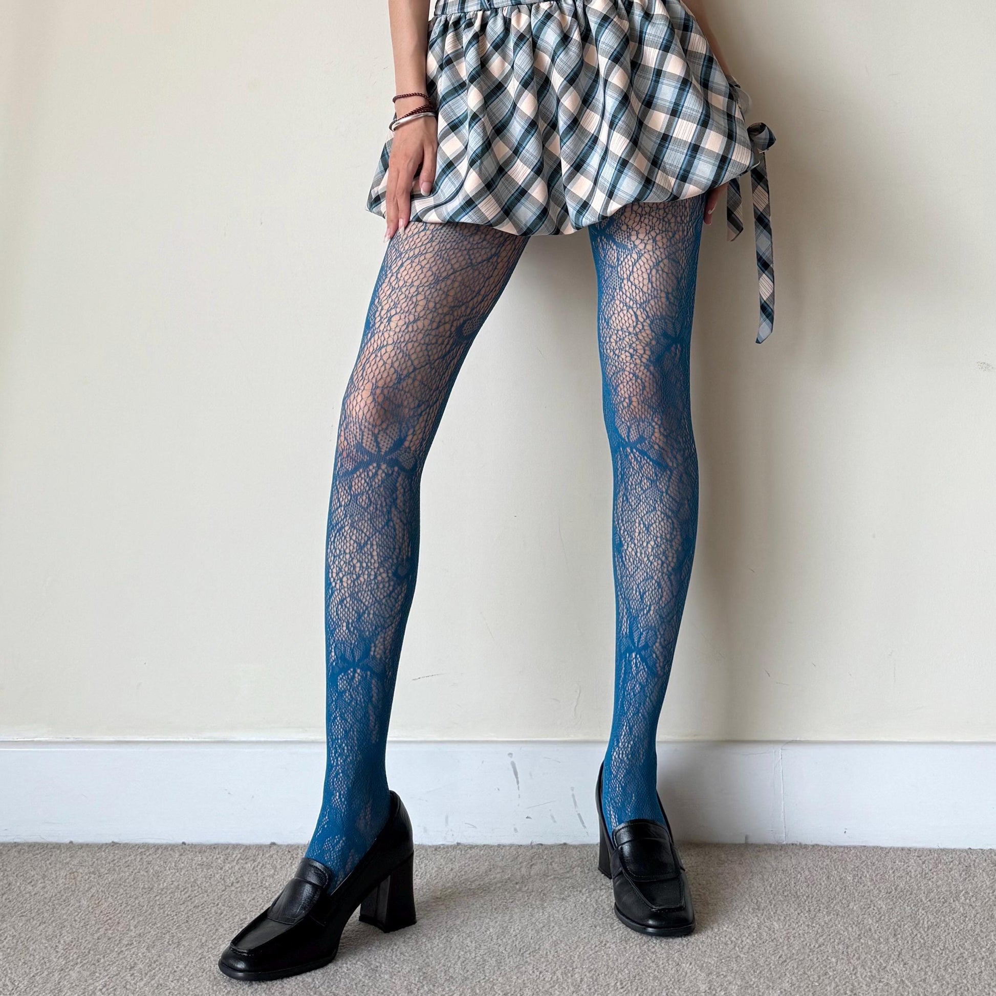 Blue Floral Fishnet Tights - Peacock Blue Hollow Lace Pattern Tights Pantyhose - Colored Patterned Tights for Women