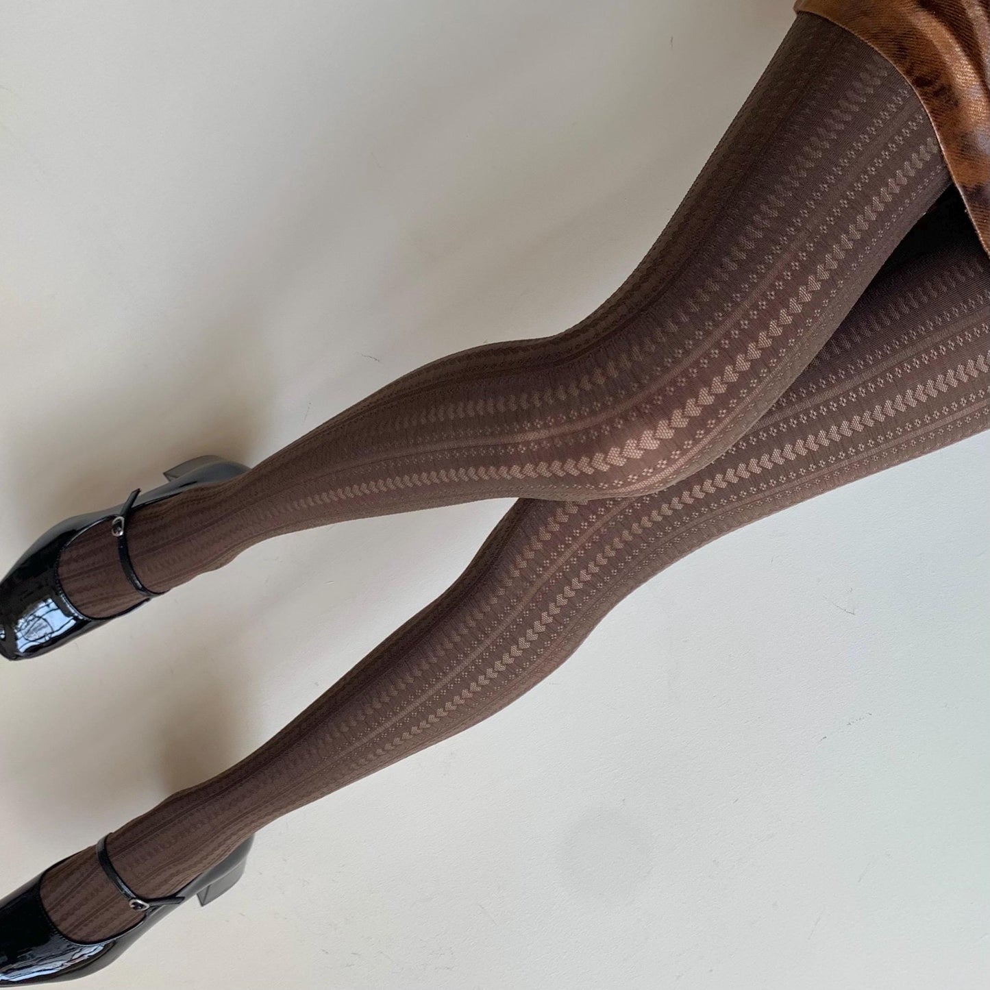 Brown Heart Striped Opaque Tights - Brown Pattern Tights Pantyhose - Colored Patterned Tights for Women