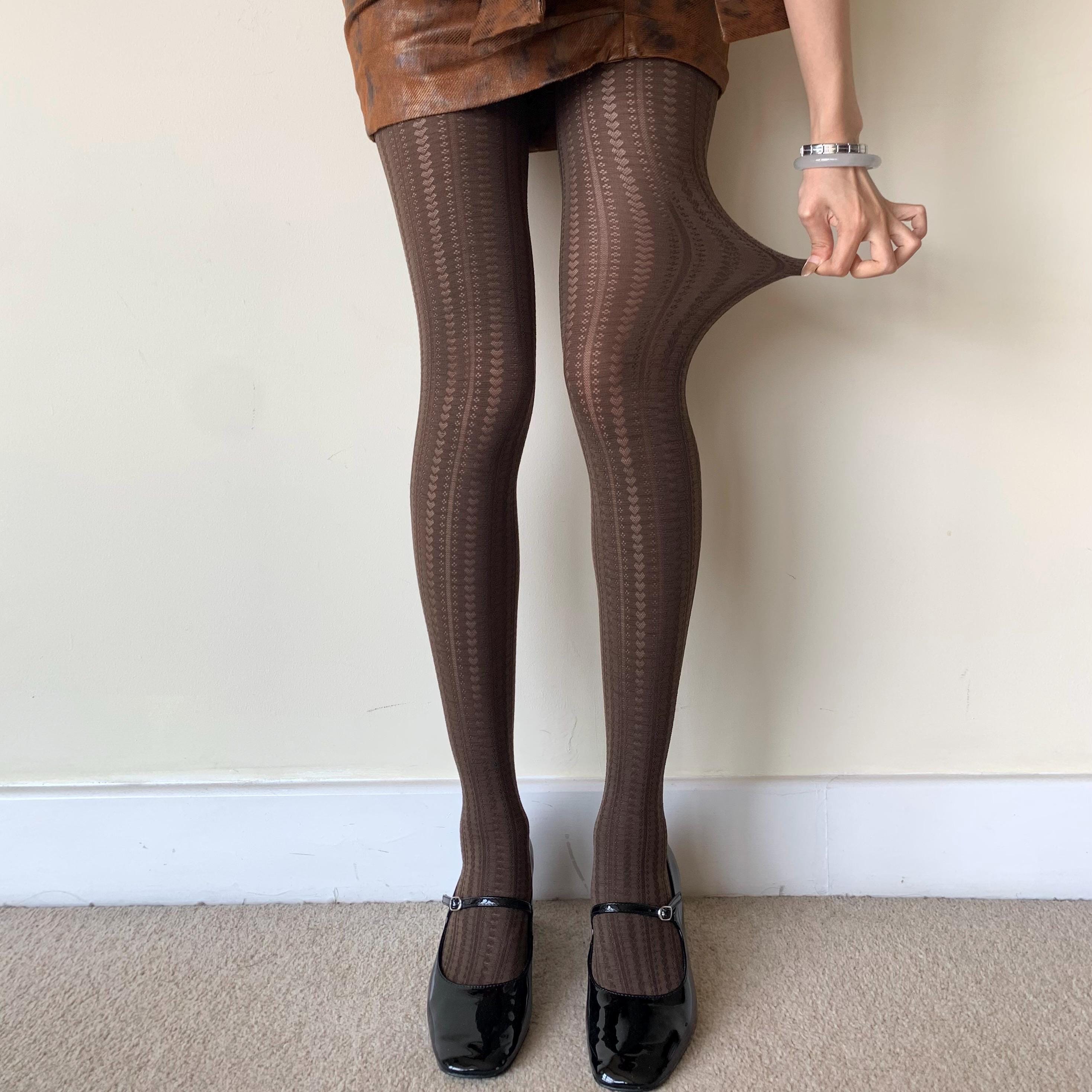 Brown Heart Striped Opaque Tights - Brown Pattern Tights Pantyhose - Colored Patterned Tights for Women