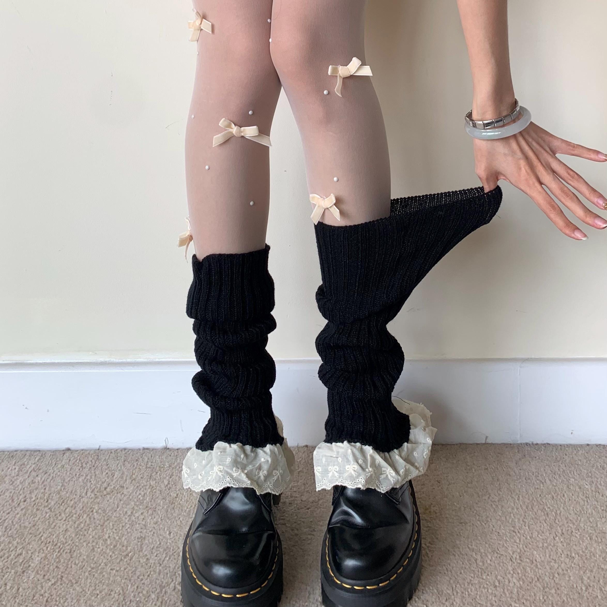 Black Ribbed Cotton Leg Warmers with Cream White Bow Trim - Cute Kawaii Coquette Balletcore Women Leg Warmers - Slouchy