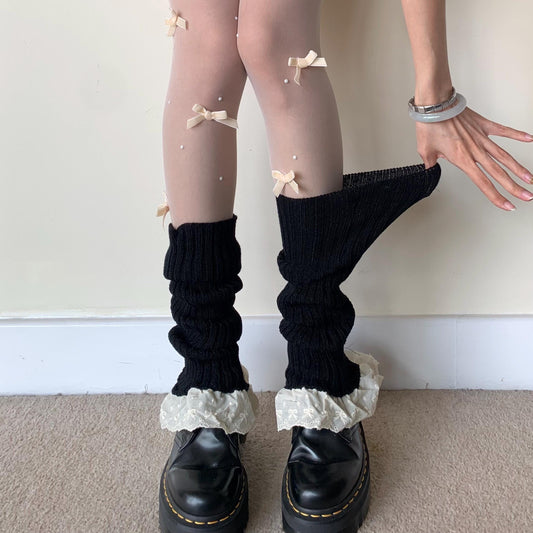 Black Ribbed Cotton Leg Warmers with Cream White Bow Trim - Cute Kawaii Coquette Balletcore Women Leg Warmers - Slouchy