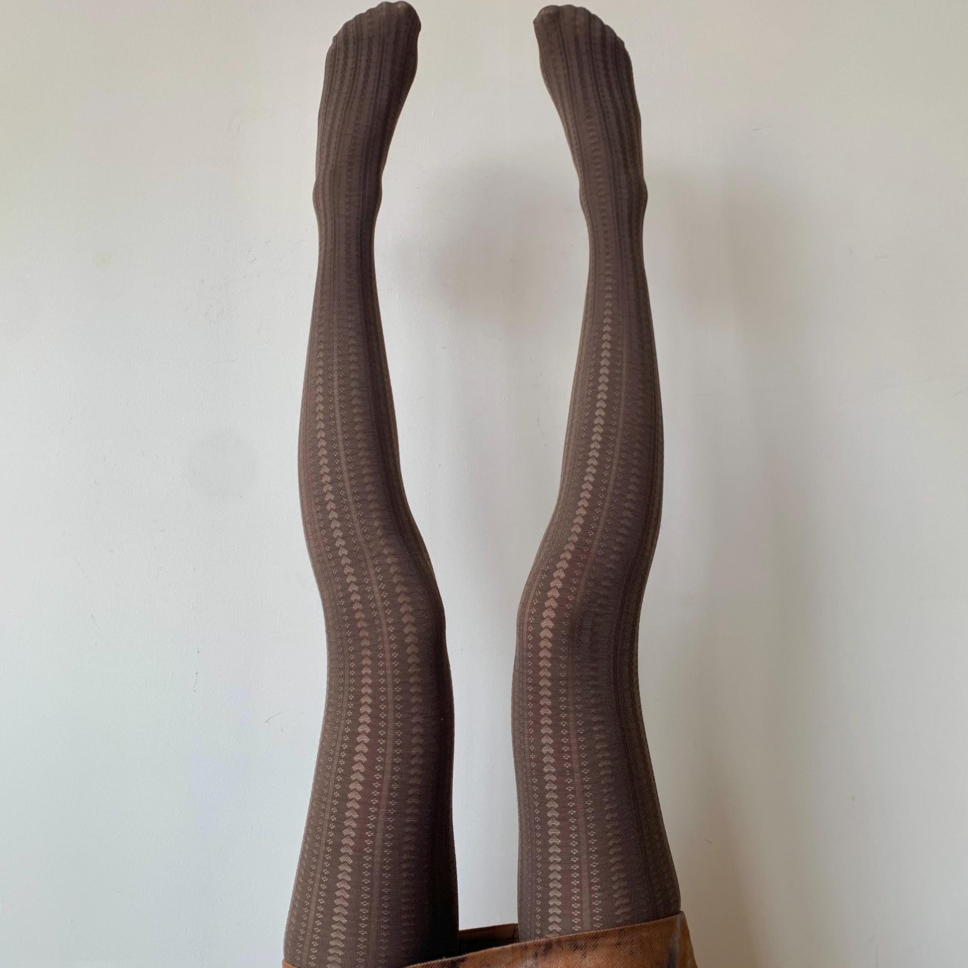 Brown Heart Striped Opaque Tights - Brown Pattern Tights Pantyhose - Colored Patterned Tights for Women