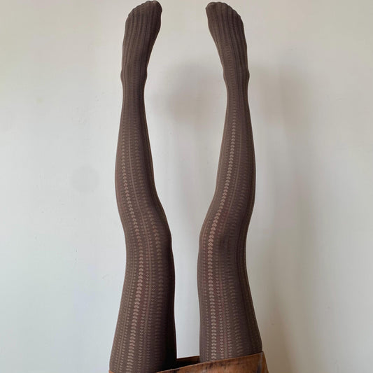 Brown Heart Striped Opaque Tights - Brown Pattern Tights Pantyhose - Colored Patterned Tights for Women