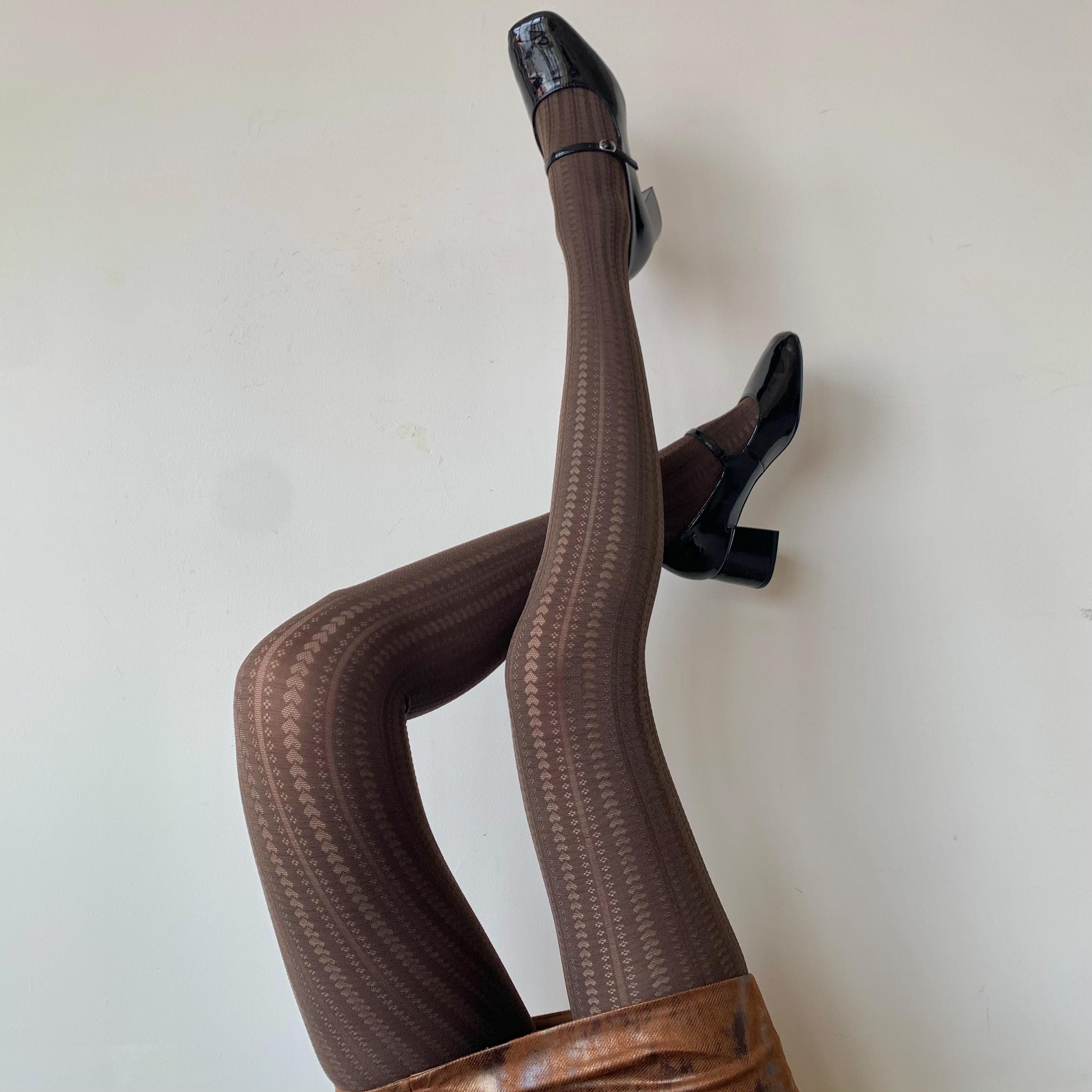 Brown Heart Striped Opaque Tights - Brown Pattern Tights Pantyhose - Colored Patterned Tights for Women