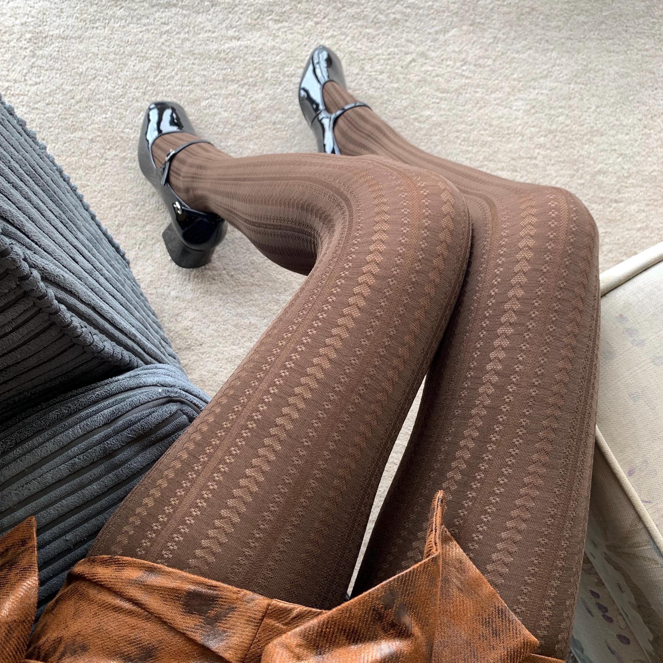 Brown Heart Striped Opaque Tights - Brown Pattern Tights Pantyhose - Colored Patterned Tights for Women